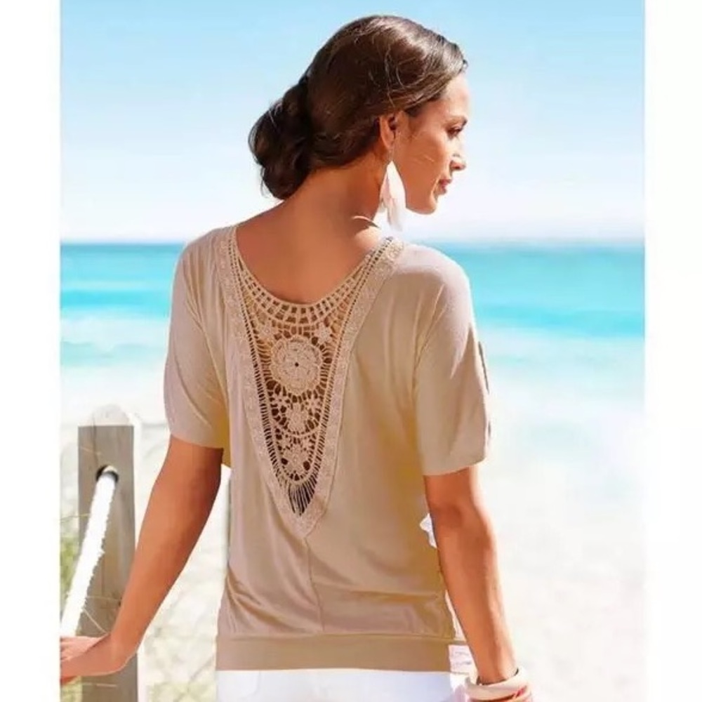 Loose O-Neck Top-Crochet Back Beige